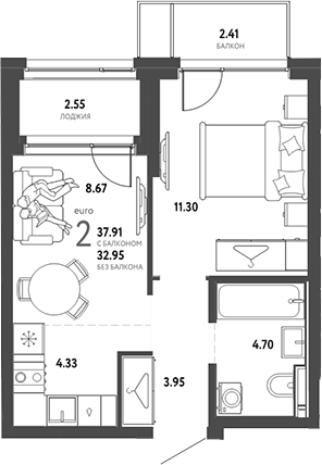 Планировка 2Е-к.кв, 37,91 м² в ЖК Страна.Энтузиастов